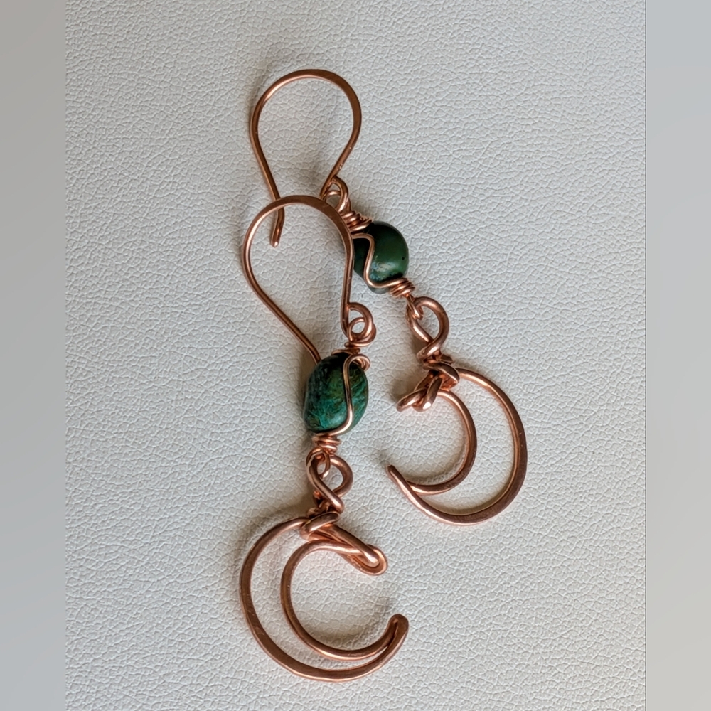 Dreamy Copper Moon Earrings Mediterranean Blue-Green Gemstones - Picture 4 of 12